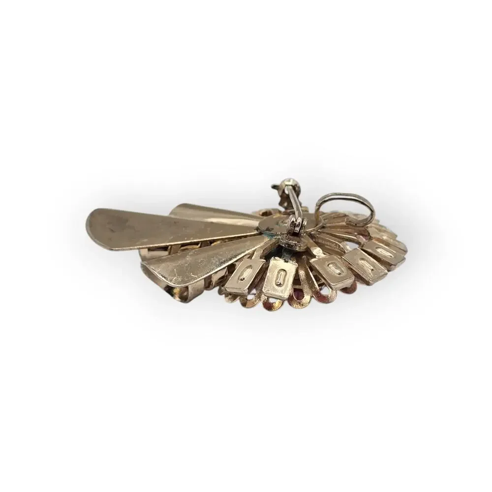 Pink Rhinestone Ribbon Bow Brooch Pendant Gold Tone Vintage Mid-Century Glamour